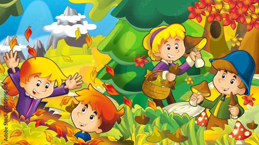 cartoon autumn nature background with girl and boy gathering mushrooms - illustration for children cartoon autumn nature background with girl and boy gathering mushrooms - illustration for children