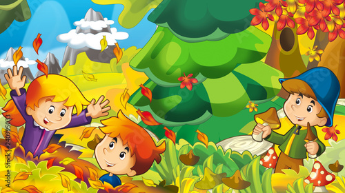 Fototapeta Naklejka Na Ścianę i Meble -  cartoon autumn nature background with boy gathering mushrooms and other kids having fun - illustration for children