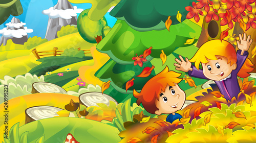 Fototapeta Naklejka Na Ścianę i Meble -  cartoon autumn nature background with girl and boy gathering mushrooms and having fun with the falling leafs - illustration for children
