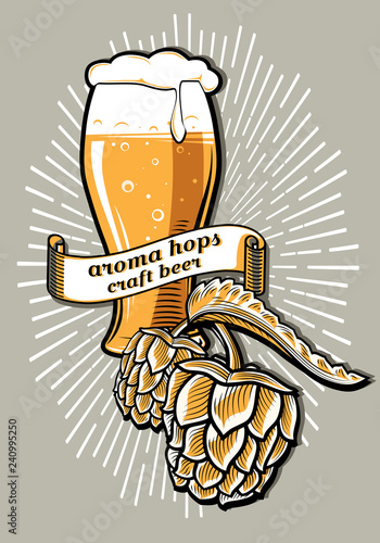 Glass of craft beer and hops emblem