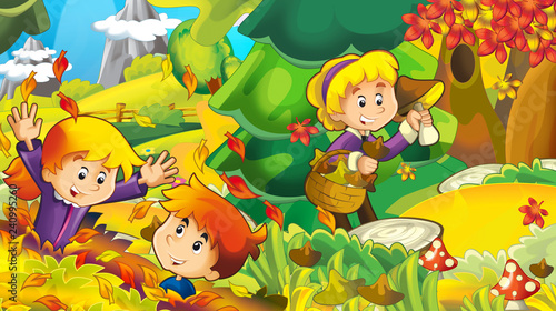 cartoon autumn nature background with girl and boy gathering mushrooms - illustration for children © honeyflavour