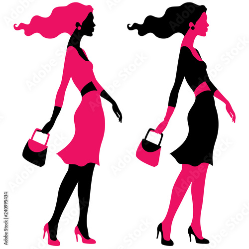 Fashion woman silhouette. Vector illustration of walking female model wearing midi dress, shoes and holding purse bag in one hand. Isolated on white background.