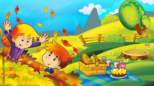 cartoon happy and funny scene with kids in the park having fun and picnic - illustration for children