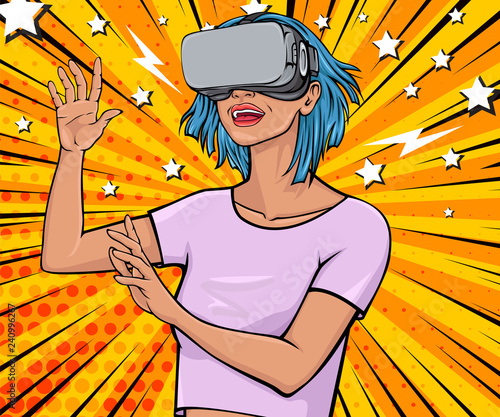 Pop art poster of a girl in virtual reality headset. Vector colorful background in pop art retro comic style. Banner, card, invitation and print.