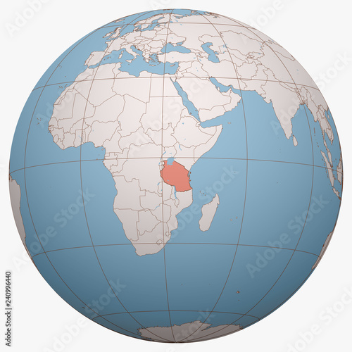 Tanzania on the globe. Earth hemisphere centered at the location of the United Republic of Tanzania. Tanzania map.