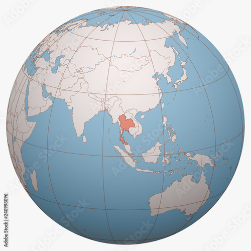 Thailand on the globe. Earth hemisphere centered at the location of the Kingdom of Thailand. Thailand (Siam) map.