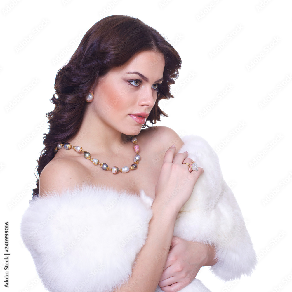 Portrait of a young beautiful brunette girl in a white fur collarover Portrait of a young beautiful brunette girl in a white fur collarover