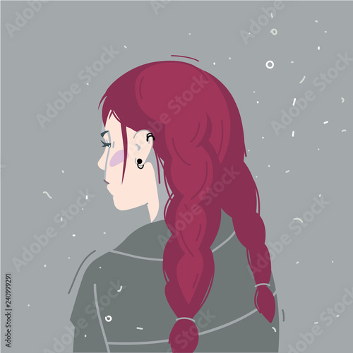  Vector illustration of a pensive girl with pink hair, pigtails in the style of rock.