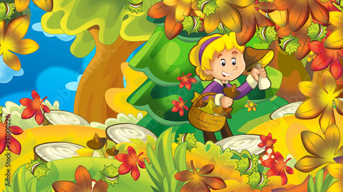 cartoon autumn nature background with girl gathering mushrooms in the forest near the mountains - illustration for children