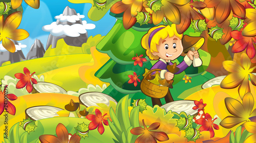 cartoon autumn nature background with girl gathering mushrooms in the forest near the mountains - illustration for children
