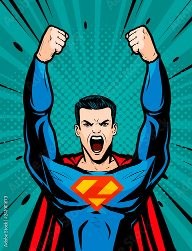 Superhero strong. Cartoon in pop art retro comic style, vector illustration