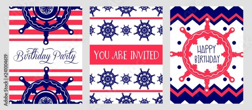 Set of birthday invitation and greeting card template with nautical elements. Vector illustration.