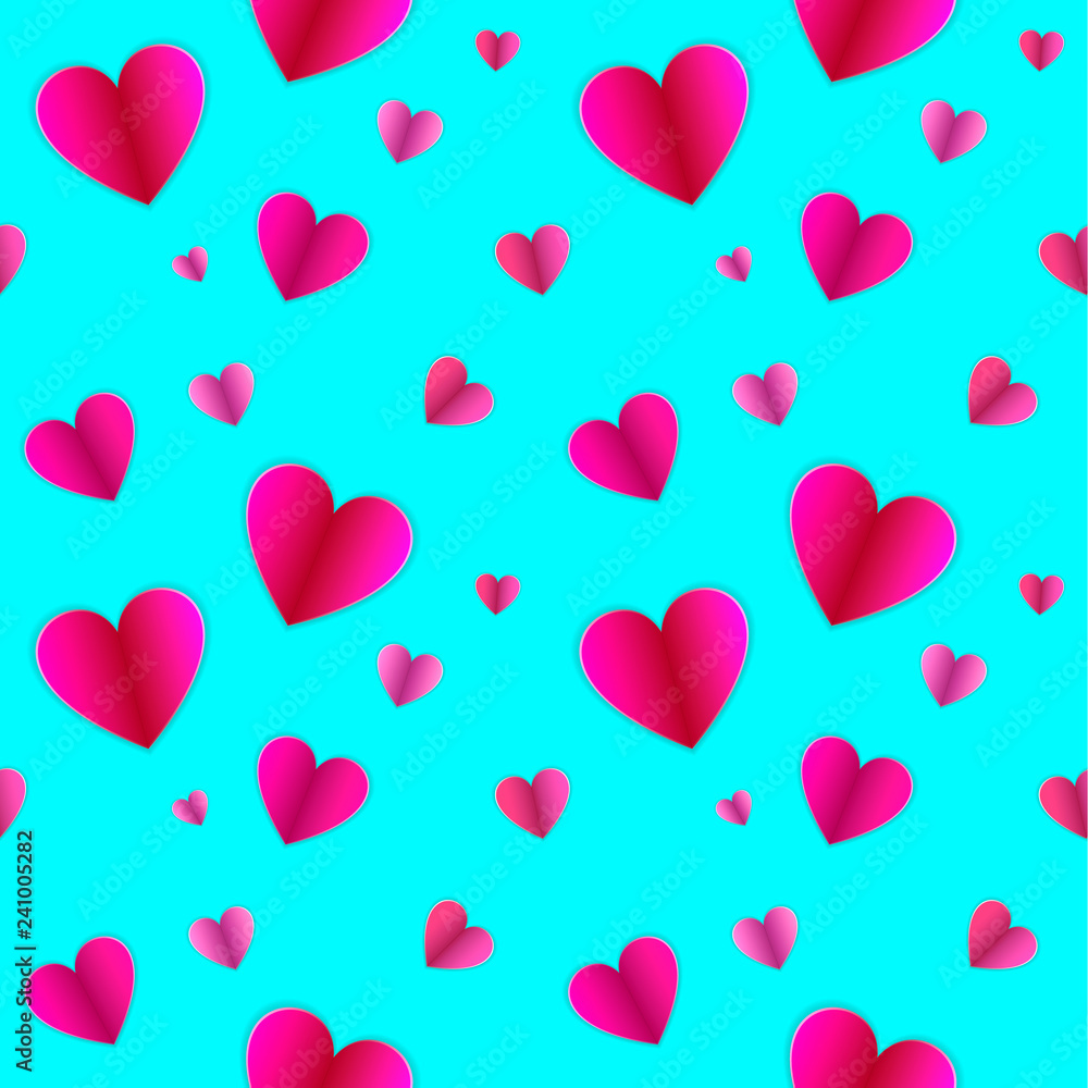 Vector Semless Pattern, Hearts on Light Blue Background, Valentines Day Background.