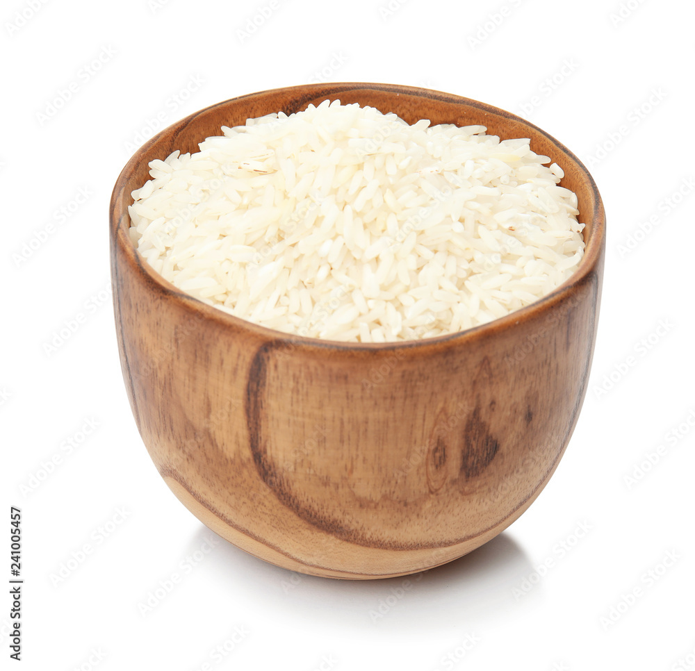 Bowl with uncooked rice on white background Bowl with uncooked rice on white background