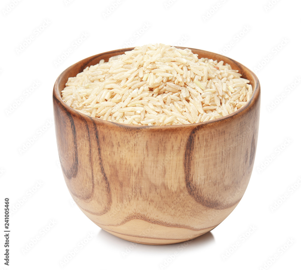 Bowl with raw unpolished rice on white background Bowl with raw unpolished rice on white background