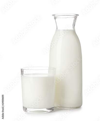Glass and bottle with fresh milk on white background