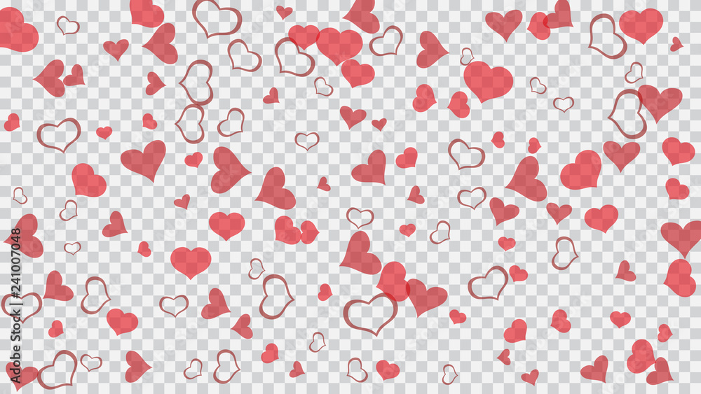 Festive background. Red on Transparent background Vector. Red hearts of confetti are flying. The idea of wallpaper design, textiles, packaging, printing, holiday invitation for wedding. Festive background. Red on Transparent background Vector. Red hearts of confetti are flying. The idea of wallpaper design, textiles, packaging, printing, holiday invitation for wedding.