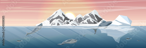 Northern underwater landscape. Three large blue whales. Family. Iceberg and snow-capped mountains on the horizon. Vector illustration, a scene from marine life.