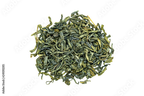 Huangshan Maofeng green tea bunch, close up, isolated. China yellow mountain famous green tea with a slight floral overtone. Tea used for lose weight and promotes blood circulation. photo