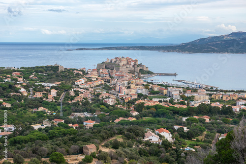Scenic view of the historic city of Calvi from the mountains, Corsica, France