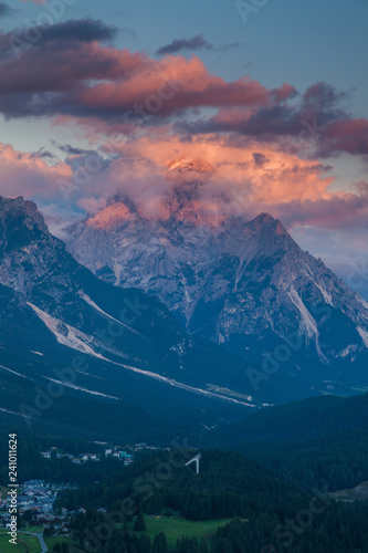 Colorful sunset over the town of Cortina d'Ampezzo, Dolomites, Italy