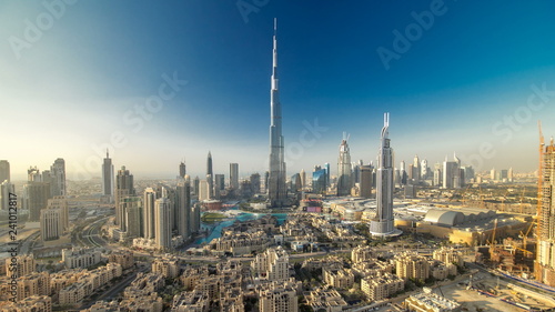 Dubai Downtown at evening timelapse view from the top in Dubai, United Arab Emirates