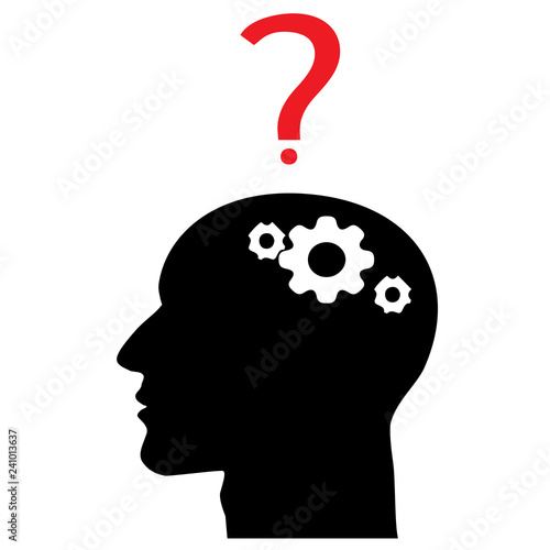 People-Silhouette Bald Human Head with a Question Mark and Thinking Machine Cogs