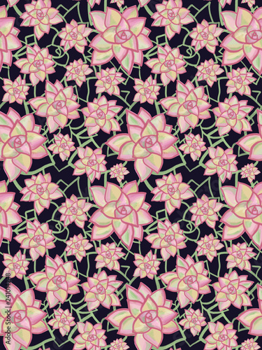 Abstract succulent flowers seamless background. Green and pink flower plants on black background. Modern floral pattern for fabric, wallpaper, gift wrap, web banner, page fill, scrapbooking, paper