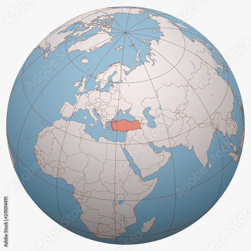 Turkey on the globe. Earth hemisphere centered at the location of the Republic of Turkey. Turkey map.