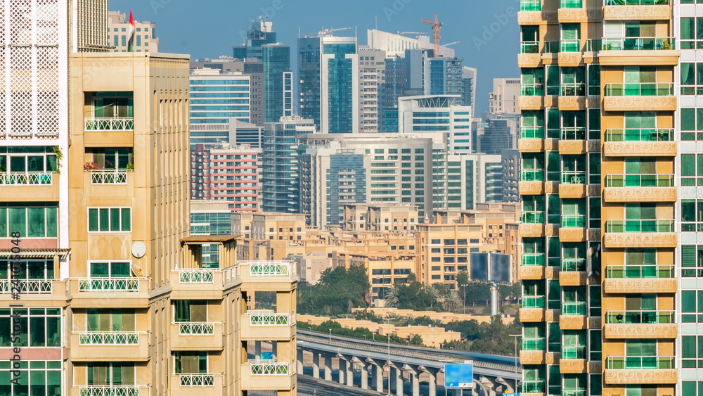 Glass modern buildings of tecom district timelapse middle east architecture, United Arab Emirates, Dubai