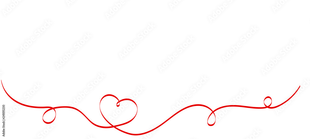 Calligraphy Red Heart Ribbon on White background. Red curved band with two hearts. Valentines day Romantic greeting card with stripes. Mother's day vector design. Wedding invitation card elements. Calligraphy Red Heart Ribbon on White background. Red curved band with two hearts. Valentines day Romantic greeting card with stripes. Mother's day vector design. Wedding invitation card elements.