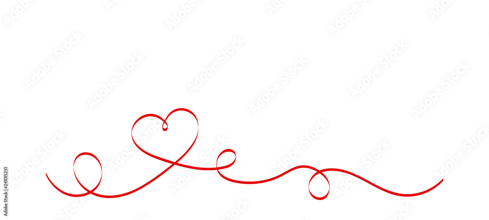 Calligraphy Red Heart Ribbon on White background. Red curved band with two hearts. Valentines day Romantic greeting card with stripes. Mother's day vector design. Wedding invitation card elements. Calligraphy Red Heart Ribbon on White background. Red curved band with two hearts. Valentines day Romantic greeting card with stripes. Mother's day vector design. Wedding invitation card elements.