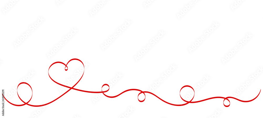 Calligraphy Red Heart Ribbon on White background. Red curved band with two hearts. Valentines day Romantic greeting card with stripes. Mother's day vector design. Wedding invitation card elements. Calligraphy Red Heart Ribbon on White background. Red curved band with two hearts. Valentines day Romantic greeting card with stripes. Mother's day vector design. Wedding invitation card elements.