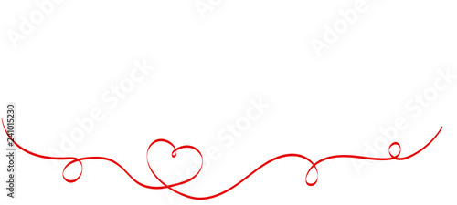 Calligraphy Red Heart Ribbon on White background. Red curved band with two hearts. Valentines day Romantic greeting card with stripes. Mother's day vector design. Wedding invitation card elements.