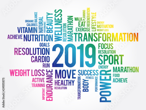 2019 health and sport goals word cloud, concept background