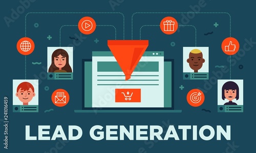 Lead management, lead generation, conversion, online sales optimization flat vector banner illustration with icons