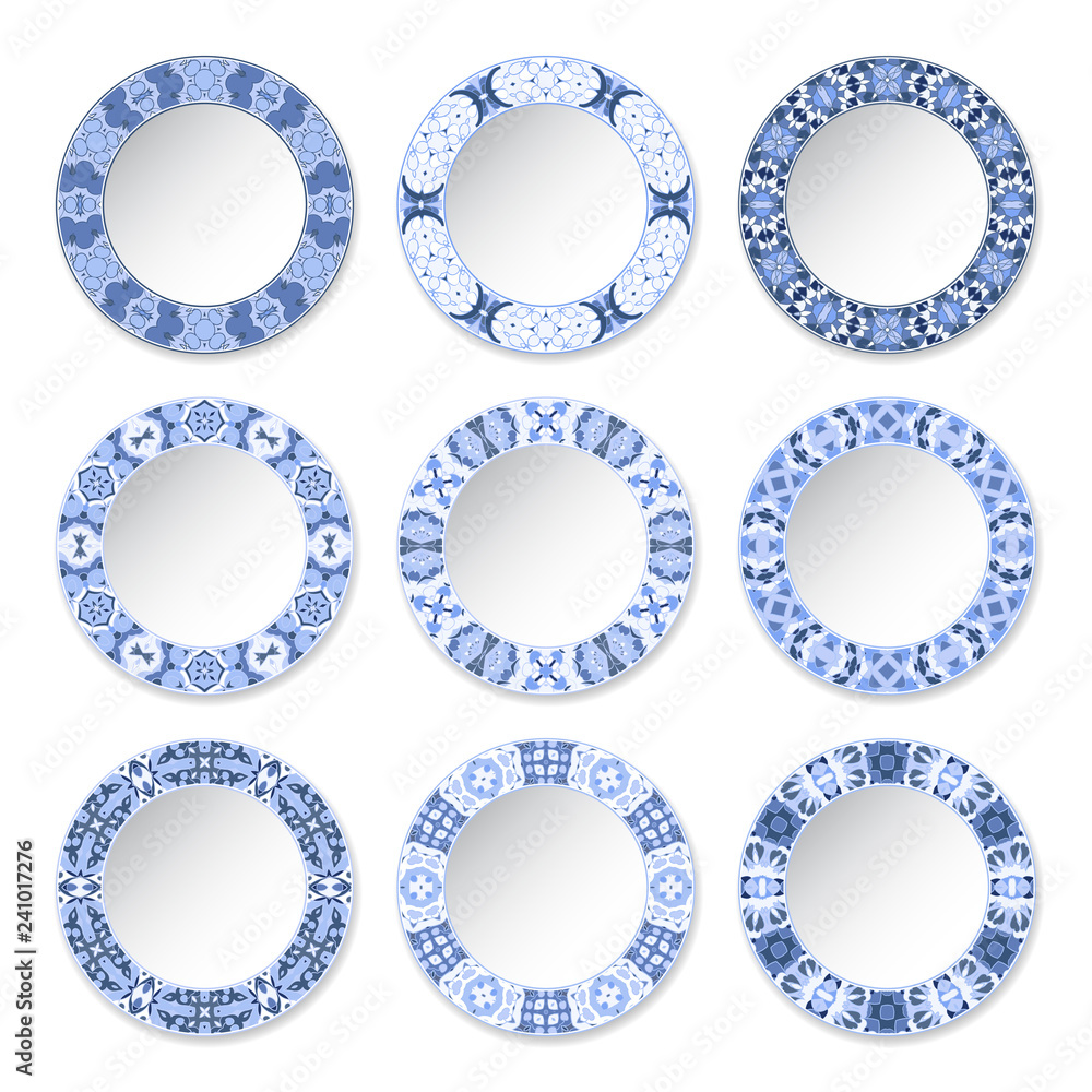 Set of decorative plates with a circular blue pattern, top view. White background. Vector illustration.