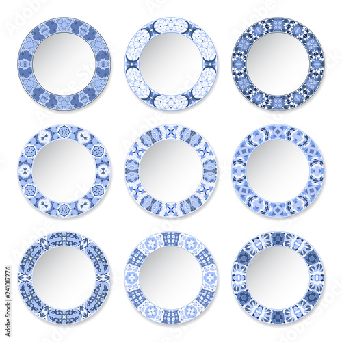 Set of decorative plates with a circular blue pattern, top view. White background. Vector illustration.