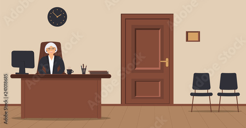 An elderly elegant secretary woman sitting in the workplace in a reception area on a cream background. Vector illustration.Chairs for visitors,cup of coffee,notebook,door into cabinet of director