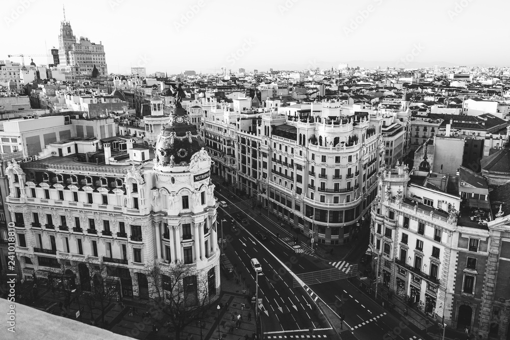 Metropolis building in Gran Via. Madrid in black and white (Spain)