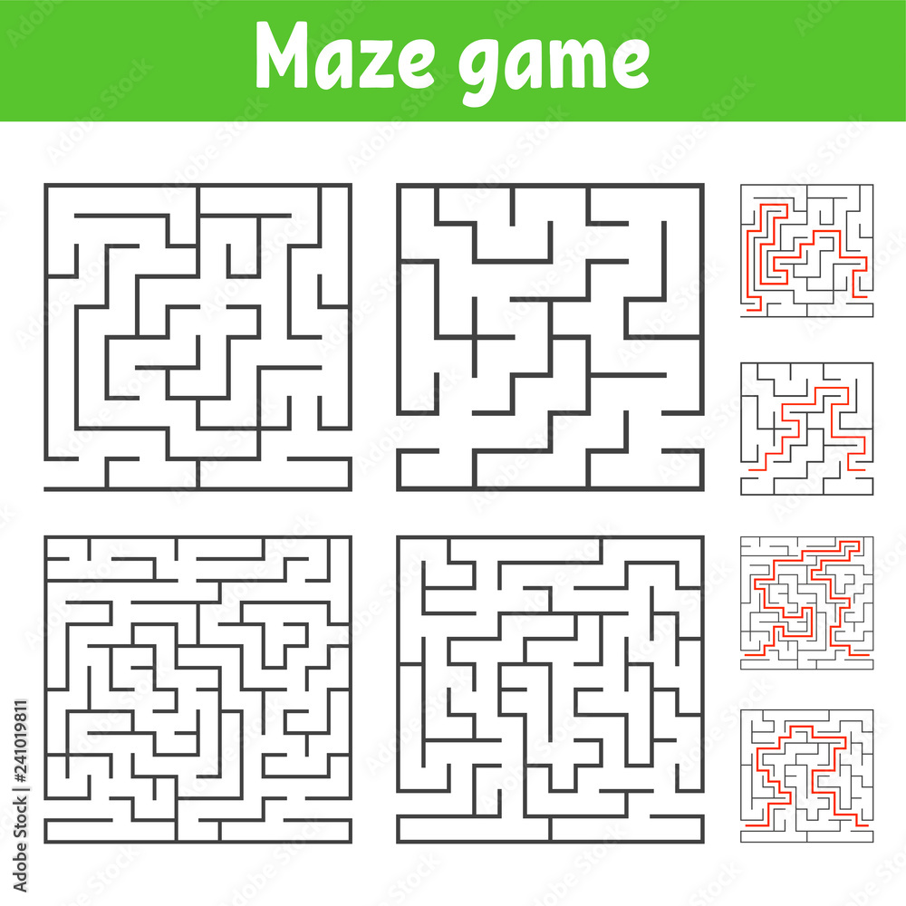 A set of square mazes of various levels of difficulty. Puzzle for children. One entrances, one exit. Labyrinth conundrum. Flat vector illustration isolated on white background. With answer.