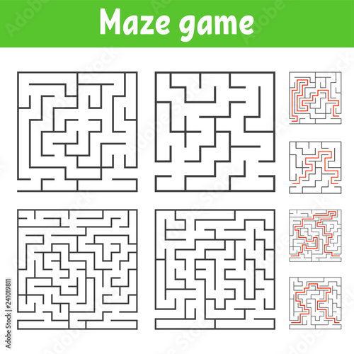 A set of square mazes of various levels of difficulty. Puzzle for children. One entrances, one exit. Labyrinth conundrum. Flat vector illustration isolated on white background. With answer.