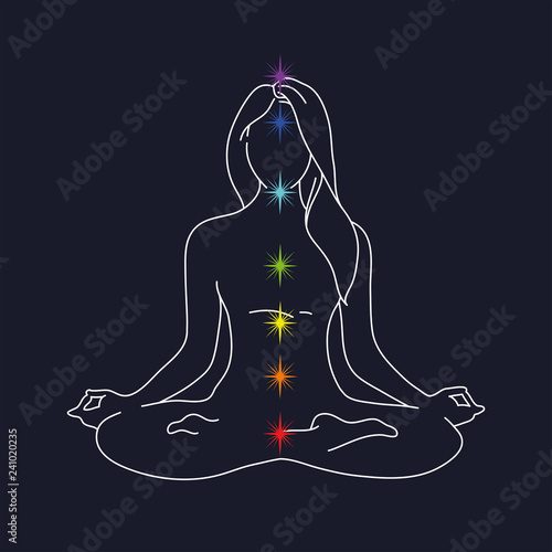 Woman yoga pose. Lotus position silhouette. Vector illustration on a blue background. Meditation for disclosure of chakras
