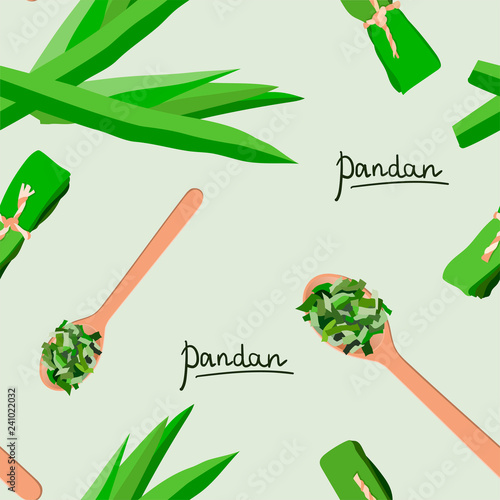 Vector seamless pattern of pandan leaves, shredded pandan spices in wooden spoon and wrapped leaves photo