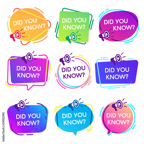 Did you know labels. Interesting facts speech bubbles, knowledge base label and social media faq banner isolated vector badges set