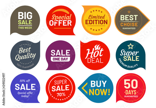 Sale quality badges. Round hundred percent assured label badge. Sticker vector illustration icons set photo