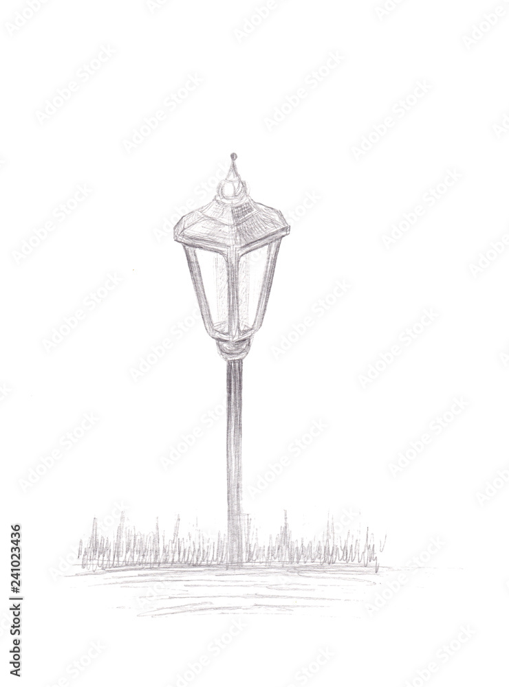 Small Garden Light. Solar Powered Lamp drawing. Pencil Sketch of Lantern.  Hand drawn illustration of a street lamp on a white background... Stock  Illustration | Adobe Stock