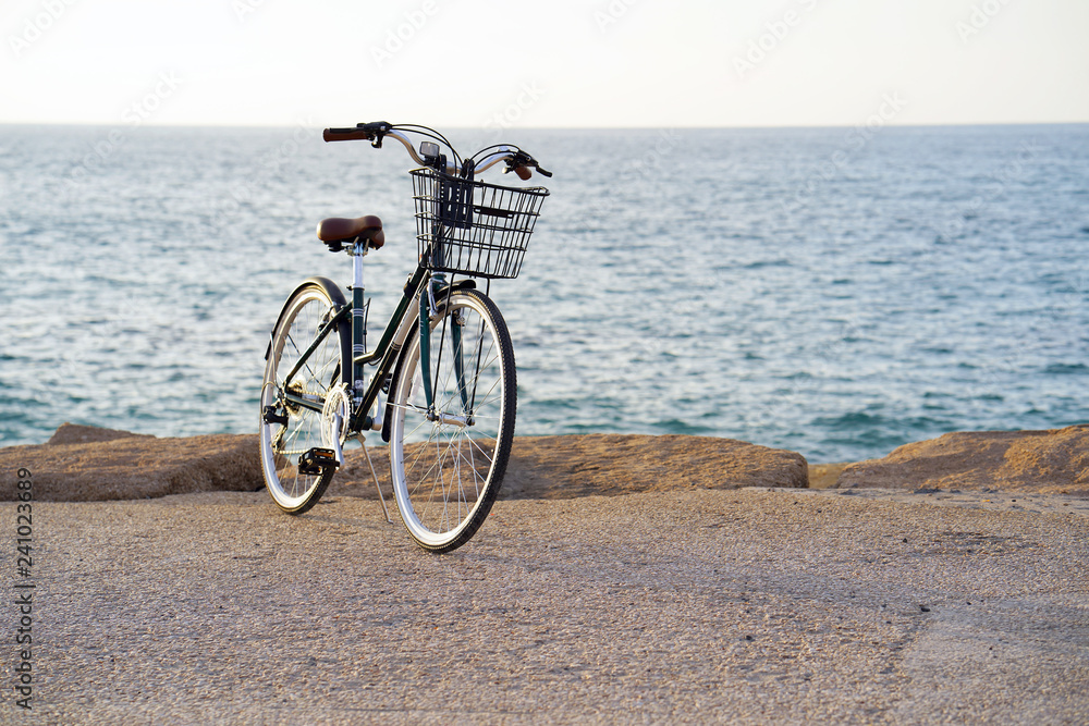 Fototapeta premium Bicycle parked on beach. Retro bike near the sea. Bike on the background of the sea horizon.