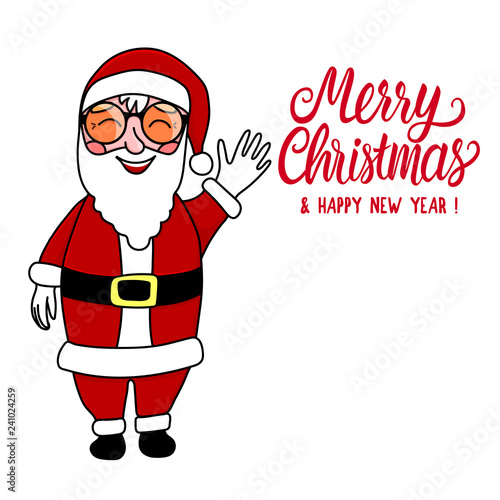 Santa is waving and laughing at full length. Vector hand drawing illustration.
