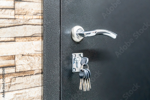 Konstfotografi close up photo of house key sticking in new flats door m